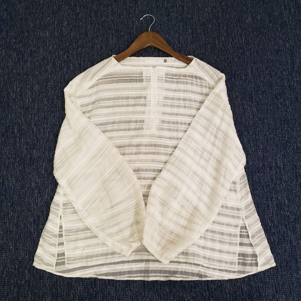 Elaine Kim Womens 1/4 Zip Sheer White Top Size L Long Sleeve Striped Cupro Blend